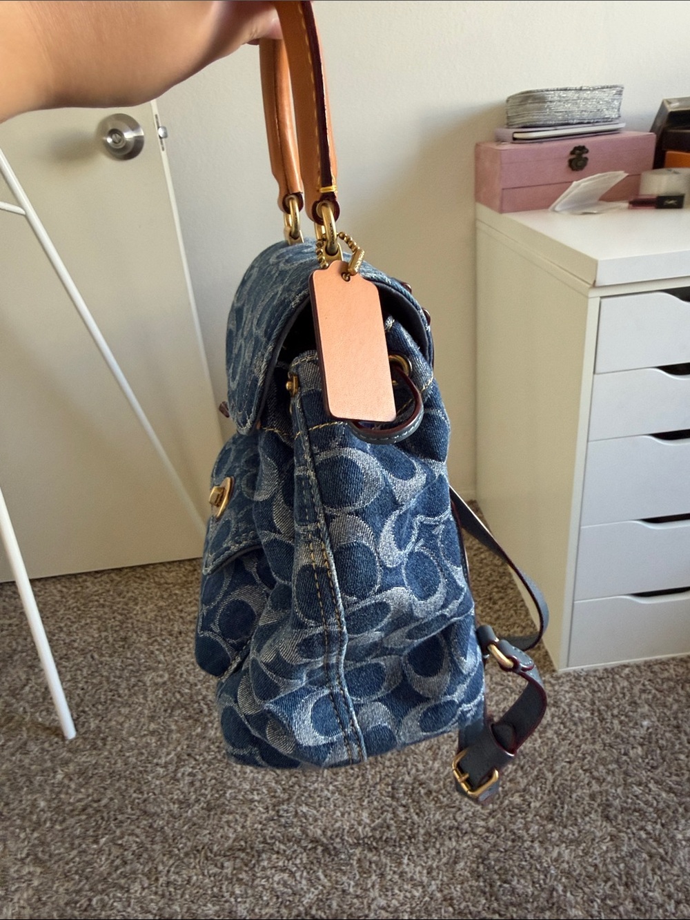 Coach Blue Denim Signature Mini Backpack with Tan Leather Handle - Picture 3 of 8